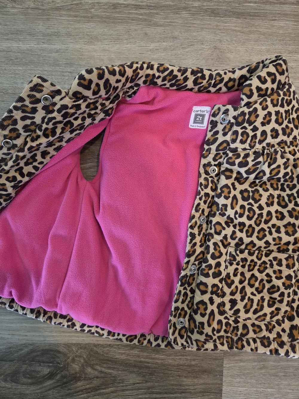 Carter’s Girls 2T Leopard Print Corduroy Puffer Vest Pink Snap Animal Print